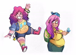 Size: 2975x2164 | Tagged: safe, artist:punkittdev, imported from derpibooru, fluttershy, pinkie pie, bird, human, backpack, bbw, chubby, clothes, duo, fat, fattershy, grin, humanized, light skin, looking at you, looking up, obese, pale skin, piggy pie, pudgy pie, rainbow socks, simple background, smiling, smiling at you, sneaker boots, socks, striped socks, sweater, sweatershy, waving, waving at you, white background