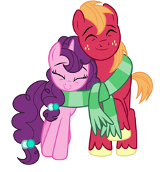 Size: 1212x1298 | Tagged: safe, imported from derpibooru, big macintosh, sugar belle, earth pony, pony, unicorn, clothes, eyes closed, female, happy, male, mare, scarf, shared clothing, shared scarf, shipping, simple background, smiling, snuggling, stallion, straight, striped scarf, sugarmac, white background