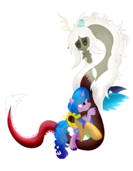 Size: 788x1014 | Tagged: safe, artist:utts, imported from derpibooru, discord, izzy moonbow, draconequus, pony, unicorn, spoiler:g5comic, antlers, broken horn, duo, duo male and female, eyes closed, female, g5, horn, hug, male, mare, mismatched wings, old man discord, simple background, smiling, spread wings, transparent background, wings