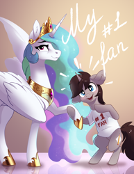 Size: 1992x2583 | Tagged: safe, artist:28gooddays, imported from derpibooru, princess celestia, oc, oc:greyline, alicorn, pony, unicorn, clothes, commission, duo, fan, holding hooves, open mouth, open smile, shirt, smiling, t-shirt, ych result