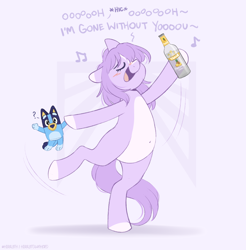 Size: 1170x1190 | Tagged: safe, artist:higgly-chan, imported from derpibooru, oc, oc only, oc:mio, earth pony, pony, alcohol, belly button, bluey, bluey heeler, drunk, female, plushie, solo