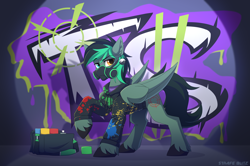 Size: 2956x1968 | Tagged: safe, artist:strafe blitz, imported from derpibooru, oc, oc only, oc:target strike, pegasus, pony, clothes, ear piercing, earring, gas mask, graffiti, heterochromia, hoodie, jewelry, mask, piercing, respirator, solo, spray can, spray paint