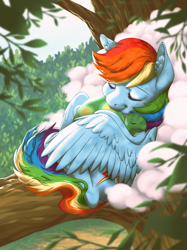 Size: 1874x2500 | Tagged: safe, artist:taytinabelle, imported from derpibooru, rainbow dash, tank, pegasus, pony, tortoise, background, cloud, cuddling, cute, daaaaaaaaaaaw, dashabetes, duo, duo male and female, ear fluff, eyebrows, eyes closed, featured image, female, high res, hug, in a tree, leaves, lying down, male, mare, messy tail, on back, prone, sleeping, smiling, sweet dreams fuel, tail, tankabetes, tree, tree branch, winghug, wings