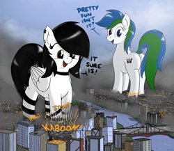 Size: 2653x2307 | Tagged: safe, artist:qkersnll, imported from derpibooru, oc, oc only, oc:bright skie, oc:western star, earth pony, pegasus, pony, butt, city, destruction, dialogue, female, giant pony, giantess, high res, macro, mare, onomatopoeia, plot, signature