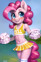 Size: 2048x3072 | Tagged: safe, imported from ponybooru, pinkie pie, anthro, earth pony, age regression, belly button, blushing, cheerleader, clothes, female, lolicon, looking at you, machine learning generated, midriff, novelai, pom pom, smiling, smiling at you, socks, solo, solo female, underage, younger