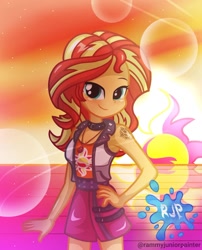 Size: 1080x1335 | Tagged: safe, artist:rjp.rammy, imported from derpibooru, sunset shimmer, human, equestria girls, equestria girls series, blushing, breasts, cleavage, clothes, cutie mark, cutie mark on clothes, female, geode of empathy, hand on hip, jewelry, looking at you, magical geodes, necklace, signature, sleeveless, smiling, smiling at you, solo, sunset, tattoo, vest