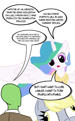 Size: 800x1289 | Tagged: artist needed, safe, imported from ponybooru, derpy hooves, princess celestia, oc, oc:anon, alicorn, human, pegasus, pony, fanfic:the conversion bureau, cute, cutelestia, dialogue, female, mare, speech bubble