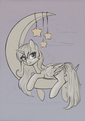 Size: 843x1200 | Tagged: safe, artist:maytee, imported from derpibooru, princess luna, alicorn, pony, commission, crescent moon, limited palette, moon, solo, stars, tangible heavenly object, ych sketch, your character here