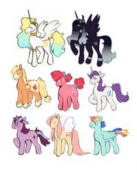 Size: 1018x1280 | Tagged: safe, artist:peachybats, imported from derpibooru, applejack, fluttershy, pinkie pie, princess celestia, princess luna, rainbow dash, rarity, twilight sparkle, alicorn, earth pony, pegasus, pony, unicorn, applejack (g5 concept leak), applejack (g5), blush sticker, blushing, fluttershy (g5 concept leak), fluttershy (g5), g5, g5 concept leaks, glasses, hair braid, horn, laurel wreath, mane six, mane six (g5), pinkie pie (g5 concept leak), pinkie pie (g5), rainbow dash (g5 concept leak), rainbow dash (g5), raised hoof, rarity (g5 concept leak), rarity (g5), redesign, simple background, smiling, spread wings, tail, tail wrap, twilight sparkle (g5 concept leak), twilight sparkle (g5), unicorn twilight, unshorn fetlocks, white background, wings