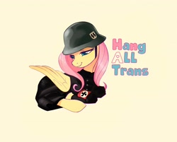 Size: 4096x3290 | Tagged: safe, artist:imalou, edit, editor:edits of hate, imported from twibooru, fluttershy, pony, clothes, female, hang all trans, image, mare, mouthpiece, nazi, nazi uniform, needs more jpeg, schutzstaffel, simple background, solo, uniform, yellow background