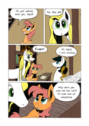 Size: 905x1280 | Tagged: safe, artist:darkhestur, imported from derpibooru, oc, oc:honey ale, oc:knight, oc:sigrid, earth pony, pony, comic, interior, panel, speech bubble, tumblr comic