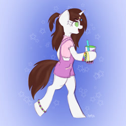 Size: 1500x1500 | Tagged: safe, artist:koapony, imported from derpibooru, oc, oc only, oc:brittneigh ackermane, semi-anthro, unicorn, clothes, dress, eyebrows, eyebrows visible through hair, mesh, open mouth, open smile, smiling, smoothie, solo