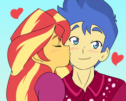 Size: 3850x3080 | Tagged: safe, artist:qsky, imported from derpibooru, flash sentry, sunset shimmer, human, equestria girls, blushing, cheek kiss, duo, female, flashimmer, kissing, male, shipping, straight