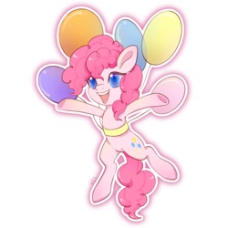 Size: 1000x1000 | Tagged: safe, artist:ling_ovo0127, imported from derpibooru, pinkie pie, earth pony, pony, balloon, female, floating, flying, open mouth, open smile, simple background, smiling, solo, then watch her balloons lift her up to the sky, white background