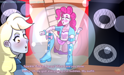 Size: 3840x2312 | Tagged: safe, artist:gtu48, imported from derpibooru, derpy hooves, pinkie pie, human, equestria girls, boots, bubble, duo, duo female, female, high heel boots, in bubble, indoors, pinkie pie trapped in a bubble, shoes, speaker, subtitles