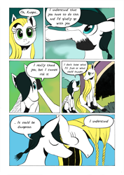 Size: 905x1280 | Tagged: safe, artist:darkhestur, imported from derpibooru, oc, oc:knight, oc:sigrid, earth pony, pegasus, pony, comic, panels, speech bubble, tumblr comic