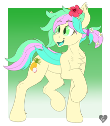 Size: 1360x1558 | Tagged: safe, artist:gnashie, imported from derpibooru, oc, oc only, oc:fruity squeeze, bat pony, pony, bat pony oc, chest fluff, ear fluff, flower, flower in hair, hair tie, open mouth, ponytail, solo, wings