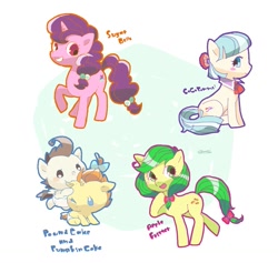 Size: 963x911 | Tagged: safe, artist:ku_rimo, imported from derpibooru, apple fritter, coco pommel, pound cake, pumpkin cake, sugar belle, earth pony, pegasus, pony, unicorn, apple family member, baby, baby pony, female, mare