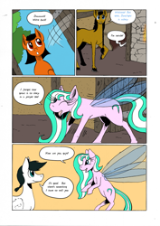 Size: 905x1280 | Tagged: safe, artist:darkhestur, imported from derpibooru, oc, oc:dark, oc:dustlight, oc:knight, oc:morro, earth pony, flutter pony, pegasus, pony, comic, interior, panels, speech bubble, tumblr comic