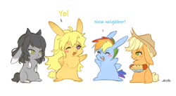 Size: 1200x658 | Tagged: safe, artist:卯卯七, imported from derpibooru, applejack, rainbow dash, rabbit, appledash, blake belladonna, bunnified, female, food, lesbian, pie, rwby, shipping, simple background, species swap, text, white background, yang xiao long