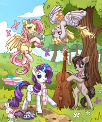 Size: 2856x3400 | Tagged: safe, artist:konejo, imported from derpibooru, angel bunny, derpy hooves, fluttershy, octavia melody, rarity, butterfly, earth pony, pegasus, pony, unicorn, cello, chocolate, clothes, flower, flying, food, magic, musical instrument, scarf, socks, spring, striped socks, telekinesis