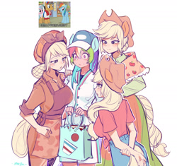 Size: 1812x1701 | Tagged: safe, artist:卯卯七, imported from derpibooru, applejack, rainbow dash, human, appledash, apron, bag, blushing, clothes, denim, eared humanization, female, freckles, humanized, jeans, lesbian, pants, self paradox, self ponidox, shipping, simple background, sweat, white background