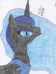 Size: 620x815 | Tagged: safe, artist:alejandrogmj, imported from derpibooru, nightmare moon, alicorn, pony, fangs, looking at you, missing accessory, tongue out, traditional art