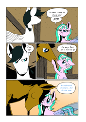 Size: 905x1280 | Tagged: safe, artist:darkhestur, imported from derpibooru, oc, oc:dark, oc:dustlight, oc:knight, earth pony, flutter pony, pegasus, pony, comic, panels, speech bubble, tumblr comic