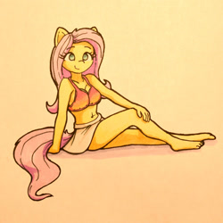 Size: 1373x1373 | Tagged: safe, artist:mindofnoodles, imported from derpibooru, fluttershy, anthro, plantigrade anthro, barefoot, breasts, busty fluttershy, feet, sitting, solo