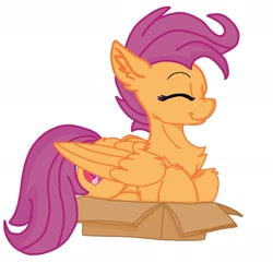 Size: 1272x1221 | Tagged: safe, artist:applebloomyloves, artist:lisathefire, imported from derpibooru, scootaloo, pegasus, pony, base used, box, chest fluff, cute, cutealoo, eyes closed, if i fits i sits, older, older scootaloo, pony in a box, simple background, smiling, solo, white background