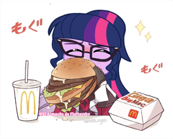 Size: 1080x870 | Tagged: safe, artist:flutteryaylove, edit, edited edit, imported from derpibooru, sci-twi, twilight sparkle, human, equestria girls, burger, eating, food, hamburger, mcdonald's, simple background, soda, twilight burgkle, white background