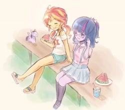 Size: 2048x1809 | Tagged: safe, artist:aquarabbica, artist:aquarabbicasafe, imported from derpibooru, sunset shimmer, twilight sparkle, human, equestria girls, female, food, pier, watermelon