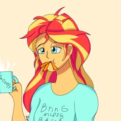 Size: 1280x1280 | Tagged: safe, artist:f_k777111, imported from derpibooru, sunset shimmer, human, equestria girls, bacon, coffee, female, food, meat, simple background, solo
