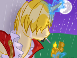 Size: 1600x1200 | Tagged: safe, artist:batgummy98, imported from derpibooru, alicorn, pony, cigarette, crossover, crying, lighter, magic, male, mare in the moon, moon, night, one piece, ponified, rain, solo, telekinesis, vinsmoke sanji, wet, wet mane