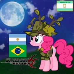 Size: 1440x1440 | Tagged: safe, imported from derpibooru, pinkie pie, argentina, brazil, clothes, cloud, facebook, hill, military uniform, moon, night, profile picture, republica de lyra, shadow the hedgehog (game), smiling, uniform