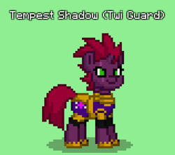 Size: 948x840 | Tagged: safe, imported from derpibooru, tempest shadow, pony, unicorn, pony town, armor, broken horn, female, green background, horn, mare, royal guard, simple background, solo, tempest becomes a royal guard, twilight guard