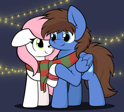Size: 2109x1904 | Tagged: safe, artist:aaathebap, imported from derpibooru, oc, oc:bizarre song, oc:sugar morning, pegasus, pony, christmas, clothes, duo, eye clipping through hair, female, floppy ears, holiday, hoof hold, looking at each other, looking at someone, male, oc x oc, one eye closed, scarf, shared clothing, shared scarf, shipping, smiling, straight, sugarre