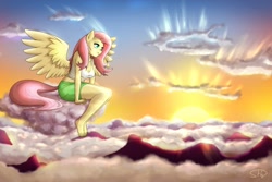 Size: 2000x1333 | Tagged: safe, artist:empyu, imported from derpibooru, fluttershy, anthro, pegasus, plantigrade anthro, barefoot, breasts, busty fluttershy, clothes, cloud, equestria girls outfit, feet, missing shoes, sitting, sunset