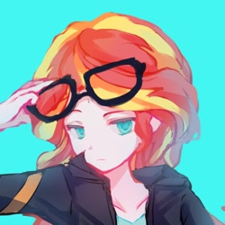 Size: 1080x1080 | Tagged: safe, artist:上啊可乐, imported from derpibooru, sunset shimmer, human, blue background, cyan background, glasses, humanized, simple background, solo