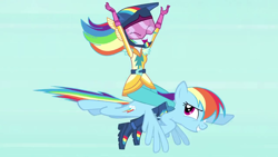 Size: 1280x720 | Tagged: safe, imported from derpibooru, screencap, rainbow dash, human, pegasus, pony, equestria girls, friendship games, awesome, blooper, clothes, cute, dashabetes, deleted scene, duo, duo female, female, flying, friendship games bloopers, g4, happy, humans riding ponies, paradox, riding, self paradox, self ponidox, smiling