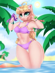 Size: 768x1024 | Tagged: safe, artist:taiweiart, imported from derpibooru, oc, oc only, anthro, unicorn, beach, bikini, bikini bottom, bikini top, clothes, female, horn, legs in the water, legs together, outdoors, partially submerged, solo, swimsuit, unicorn oc
