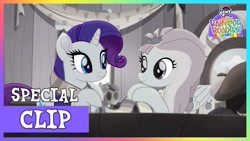 Size: 1280x720 | Tagged: safe, imported from derpibooru, screencap, kerfuffle, rarity, pegasus, pony, unicorn, monochrome, smiling, youtube