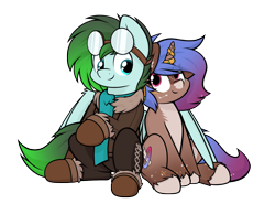 Size: 2484x1926 | Tagged: safe, artist:aaathebap, imported from derpibooru, oc, oc only, oc:gryph xander, oc:midnight winds, pegasus, pony, unicorn, clothes, duo, female, goggles, goggles on head, hug, jewelry, male, mare, middergryph, oc x oc, shipping, simple background, sitting, stallion, straight, transparent background, winghug, wings