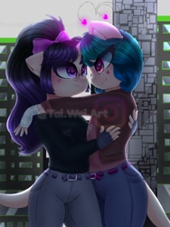 Size: 1500x2000 | Tagged: safe, artist:taiweiart, imported from derpibooru, oc, oc only, anthro, earth pony, building, clothes, earth pony oc, female, fingerless gloves, gloves, heart, hug, lesbian, oc x oc, outdoors, pants, shipping, watermark