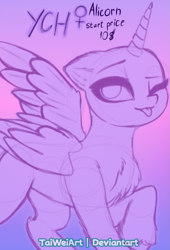 Size: 645x946 | Tagged: safe, artist:taiweiart, imported from derpibooru, oc, oc only, alicorn, pony, :p, alicorn oc, chest fluff, commission, female, horn, mare, one eye closed, solo, tongue out, wings, wink, your character here