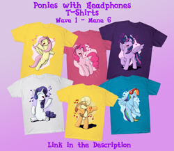 Size: 1381x1200 | Tagged: safe, imported from derpibooru, applejack, fluttershy, pinkie pie, rainbow dash, rarity, twilight sparkle, alicorn, pony, series:ponies with headphones, advertisement, clothes, design, headphones, music notes, shirt, shirt design, t-shirt, twilight sparkle (alicorn)