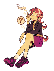 Size: 1400x1837 | Tagged: safe, artist:yanming98294, imported from derpibooru, sunset shimmer, human, equestria girls, cigarette, question mark, simple background, sitting, smoking, solo, speech bubble, white background