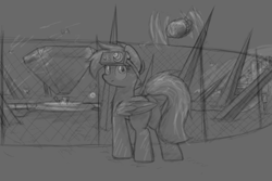 Size: 3000x2000 | Tagged: safe, artist:aaathebap, imported from derpibooru, pegasus, pony, robot, city, dystopia, fence, grayscale, looking back, monochrome, ominous, sketch, skyline, spikes