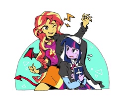 Size: 1325x1080 | Tagged: safe, artist:yanming98294, imported from derpibooru, sunset shimmer, twilight sparkle, human, equestria girls, bible, devil, nun