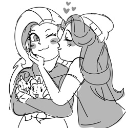 Size: 1113x1130 | Tagged: safe, artist:cherivinca, imported from derpibooru, starlight glimmer, trixie, human, equestria girls, :3, ;3, cheek kiss, duo, female, kissing, lesbian, monochrome, plushie, self plushidox, shipping, startrix